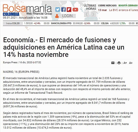 El mercado de fusiones y adquisiciones en Amrica Latina cae un 14% hasta noviembre